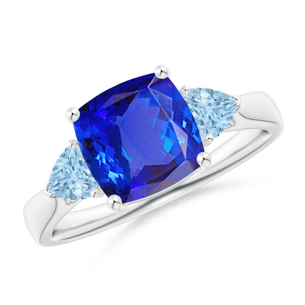 Angara 2.15 Carats Cushion Tanzanite and Trillion Aquamarine Three Stone Ring in 18K White Gold
