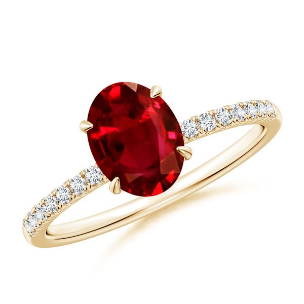 Angara 1.25 Carats Oval Ruby Hidden Halo Engagement Ring in 18K Yellow Gold