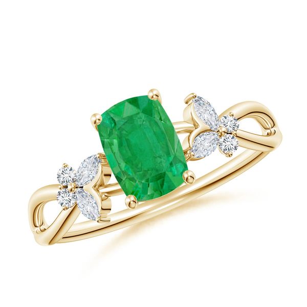 Angara 0.8 Carat Cushion Rectangular Emerald Butterfly Engagement Ring in 14K Yellow Gold