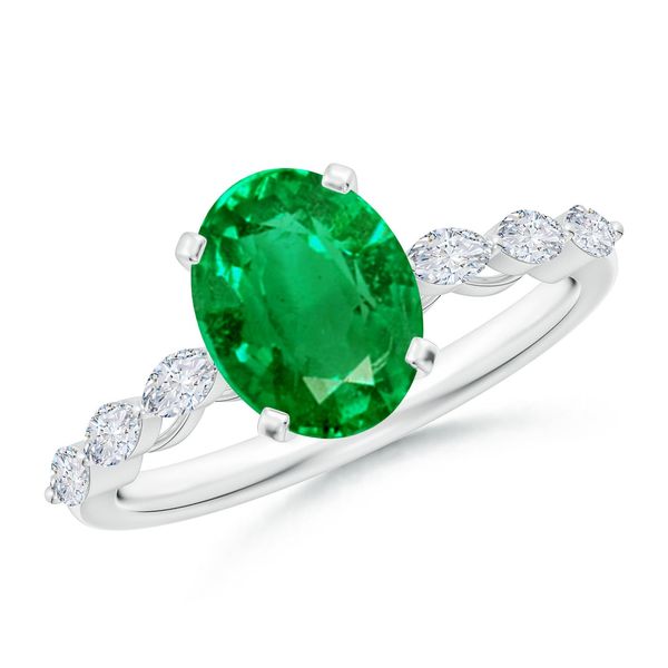 Angara 1.5 Carats Oval Emerald Engagement Ring with Marquise Diamonds in 14K White Gold