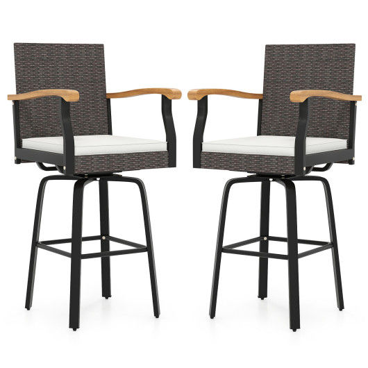 Set of 2 Outdoor 360° Swivel Bar Stool with Cushion and Acacia Wood Armrests