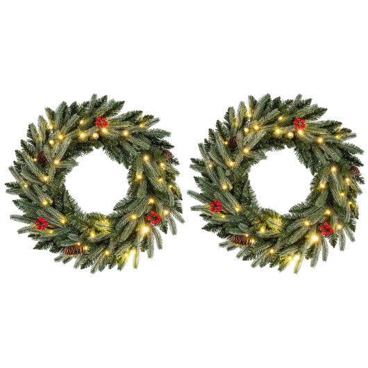 24”  Pre-lit Christmas Wreath Set of 2 Front Door Artificial Xmas Wreath with 90 Frosted Branch Tips