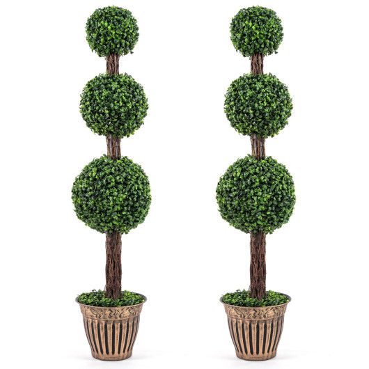 4 FT Artificial Triple Ball Boxwood Tree with Cement-filled Retro Planter Set of 2-Green