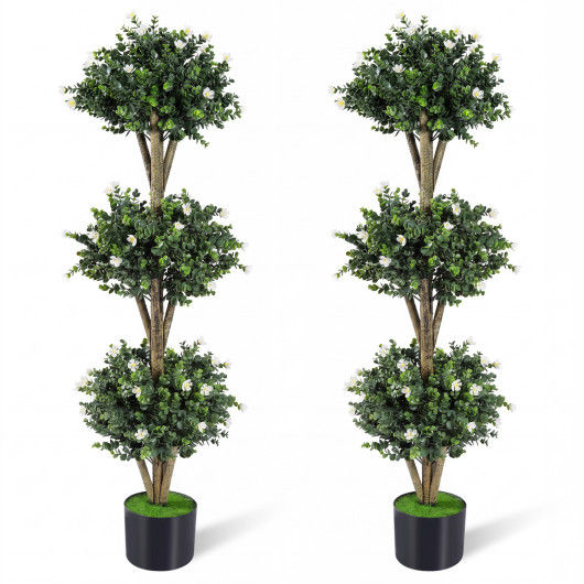 51" Artificial Triple Ball Boxwood Topiary Tree with 59 Blossoms Set of 2-White