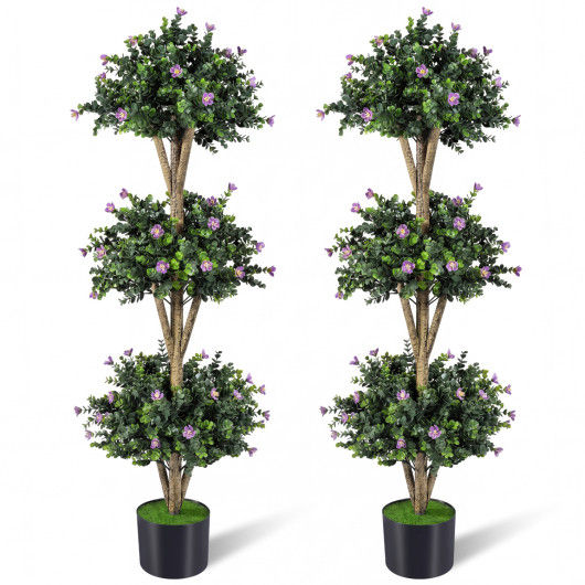 51" Artificial Triple Ball Boxwood Topiary Tree with 59 Blossoms Set of 2-Purple