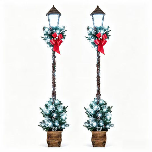6.1 Feet Christmas Pre-lit Street Lamp Set of 2 with Artificial Greenery and Snow-flocked Branch Tips-Beight White