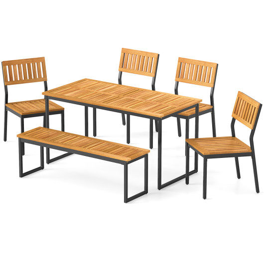 6 Pieces Outdoor Acacia Wood Dining Set with Bench and 2 Inches Umbrella Hole