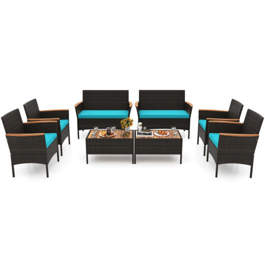 8 Piece Patio Wicker Sofa Set 4 Rattan Chairs and 2 Loveseat with 2 Table-Turquoise