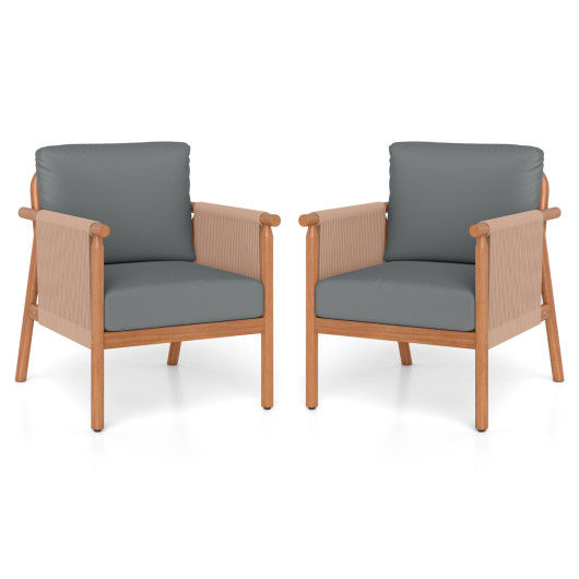 Patio Acacia Wood Chair Set of 2 with Woven Rope Armrests and Seat Back Cushions for Backyard-Gray