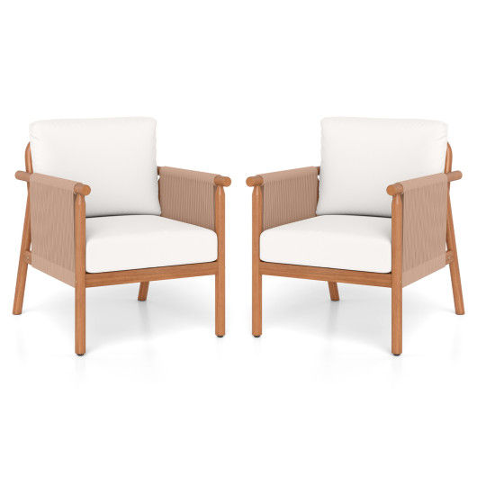 Patio Acacia Wood Chair Set of 2 with Woven Rope Armrests and Seat Back Cushions for Backyard-White
