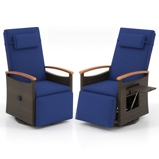 Set of 2 Patio Rattan 360° Swivel Recliner Chair with Adjustable Backrest and Footrest-Navy