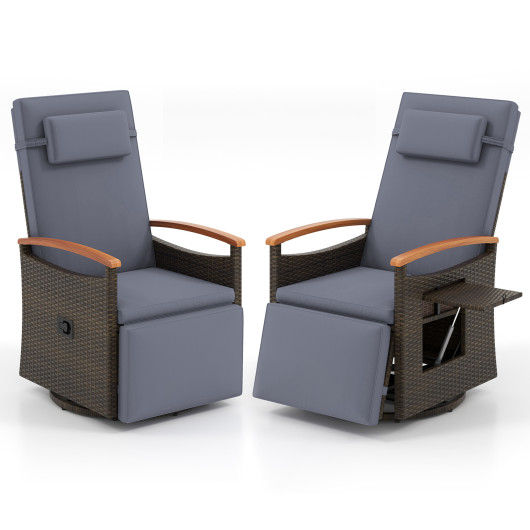 Set of 2 Patio Rattan 360° Swivel Recliner Chair with Adjustable Backrest and Footrest-Dark Gray
