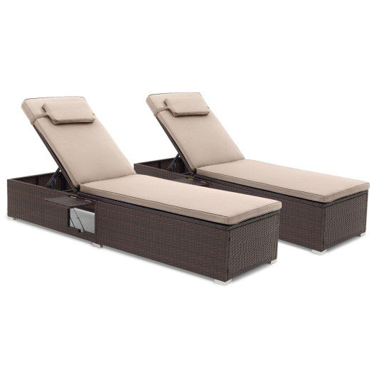 PE Rattan Chaise Lounge Set of 2 with 6-Position Adjustable Backrest and Foldable Side Table-Brown