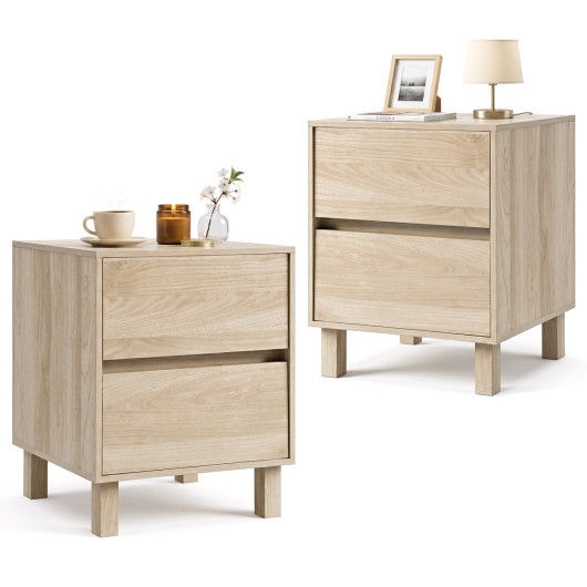 Set of 2 Modern Wooden End Table with 2 Storage Drawers-Natural