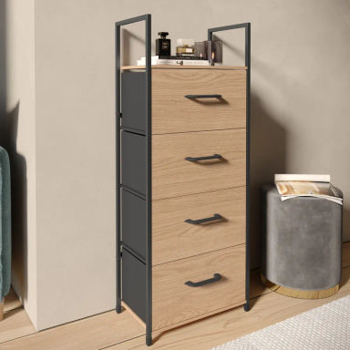 Cassettiera 40x100h cm effetto rovere selvatico con 4 cassetti in tessuto e struttura in acciaio nero - Nuevo