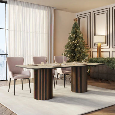 Tavolo 220x103 cm con top effetto travertino e base cannettata rovere e nero - Truman