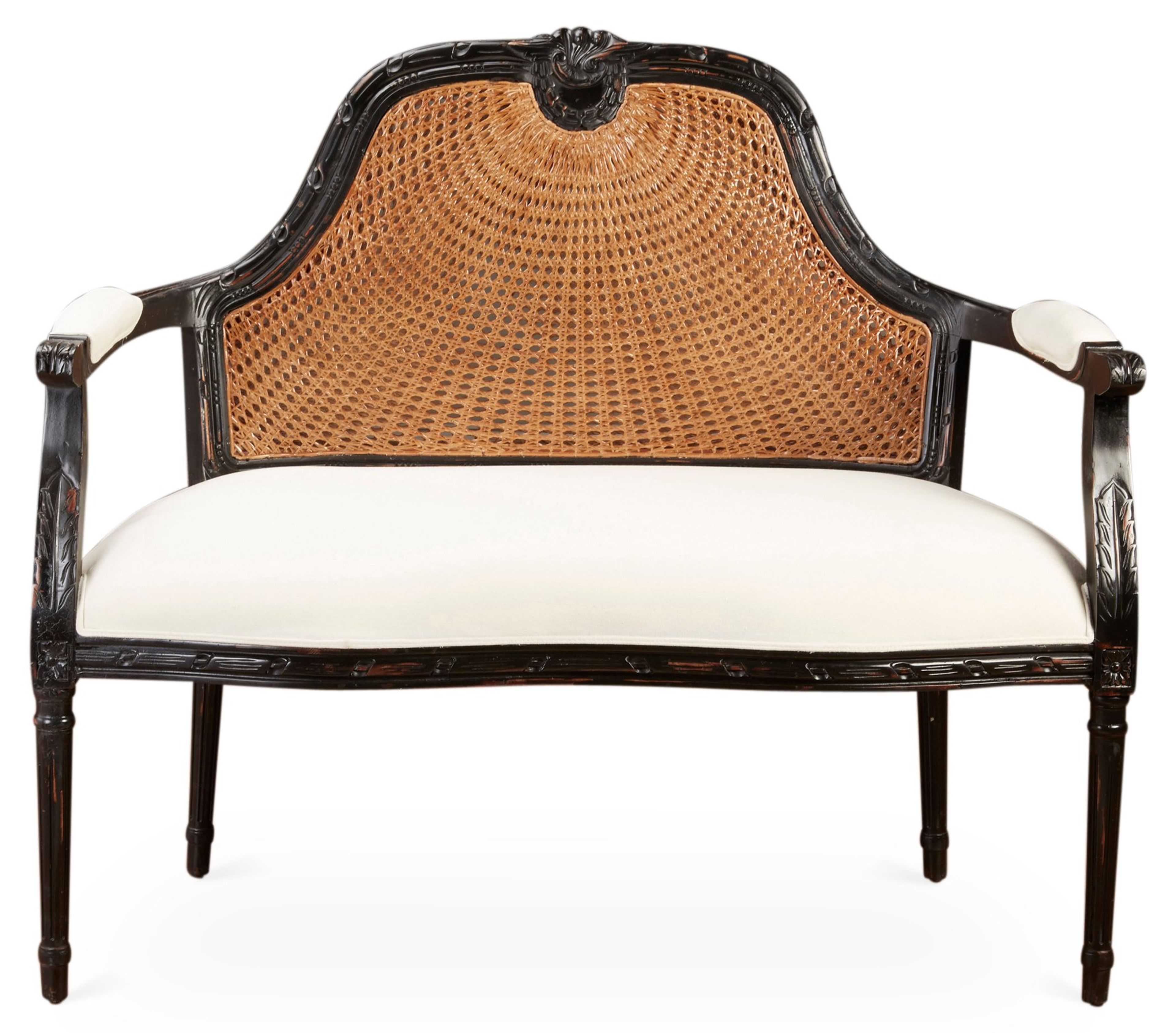 Elegant Serena Cane Settee in Black/White Linen Upholstery