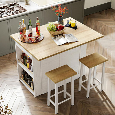 3 Pieces Kitchen Island Set with Storage Cabinet, Drawers, and 2 Stools