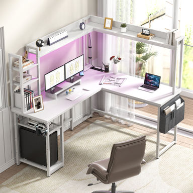 Wrought Studio™ Bianco L-Shaped Desk with Hutch & Power Outlet, Gaming Desk Corner Computer Desk with Led Lights & Reviews | Wayfair