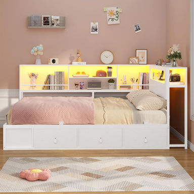 Corner Bed Frame With Bookcase Storage & Rgb Lights, Charging Station, Metal Daybed With 3 Drawers & 2 Open Cubbies, For  Small Space