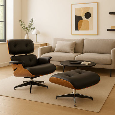 Genuine Leather Swivel Accent Chair With Ottoman And Mid-Century Lounge Chair