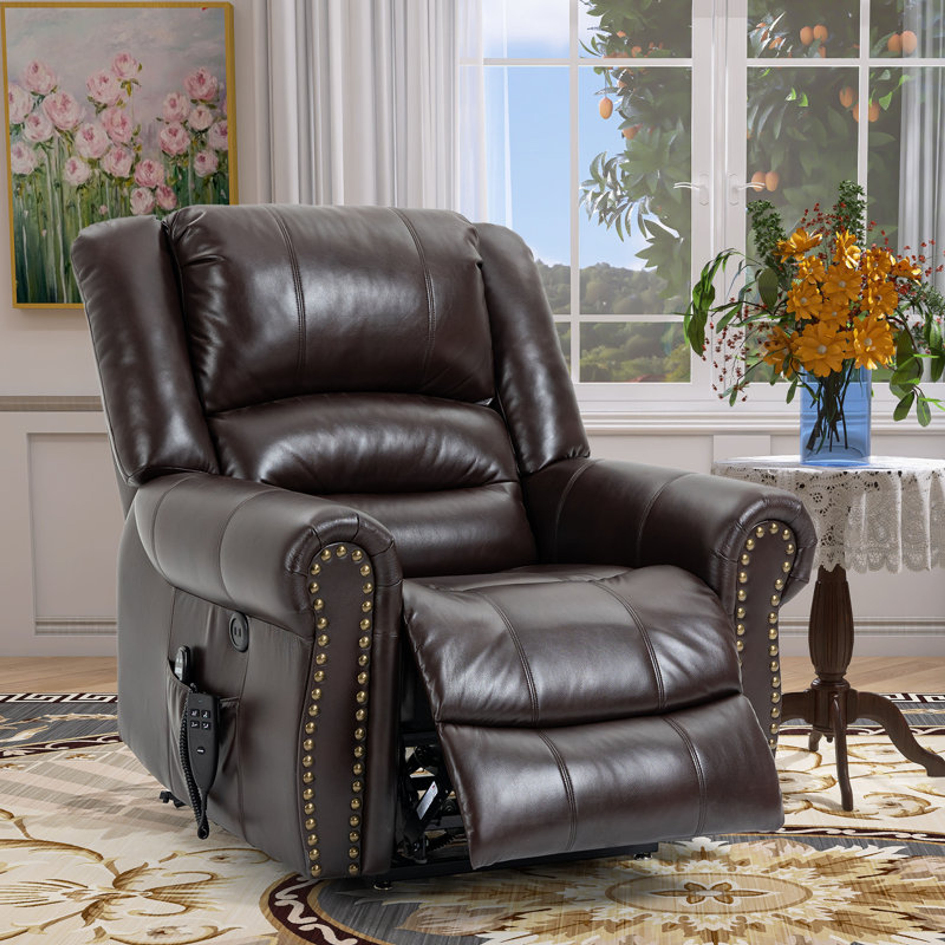 Oversize Leather Power Recliner: 180° Flat Lay, Massage & Heat