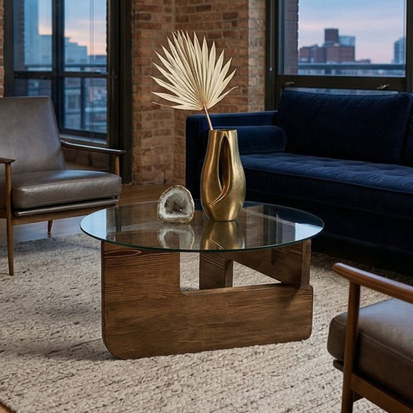Kellan Geometric Solid Wood Frame Coffee Table with Round Tempered Glass