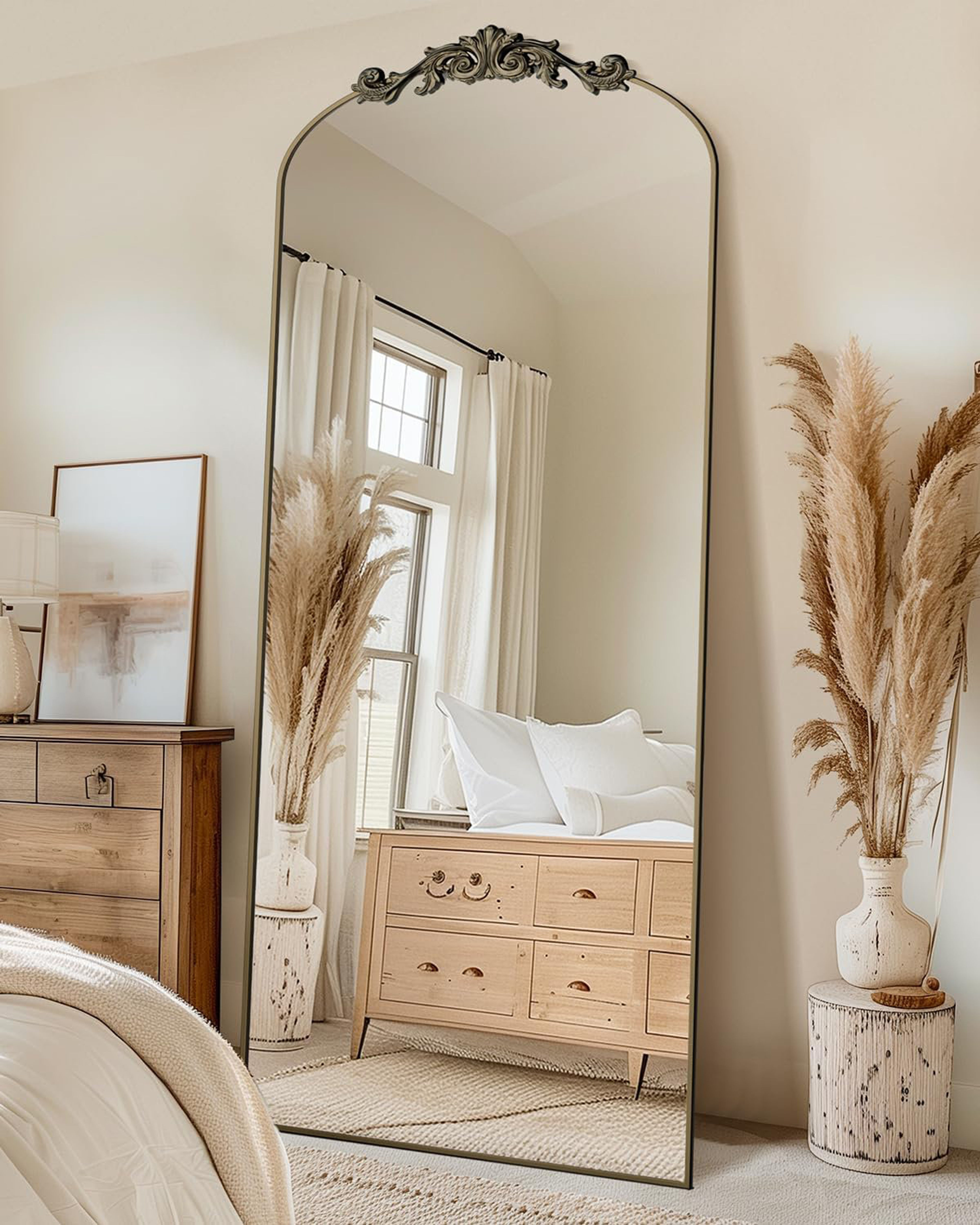 Alcott Hill 71" Arched Full Length Mirror with Carved Bronze Frame