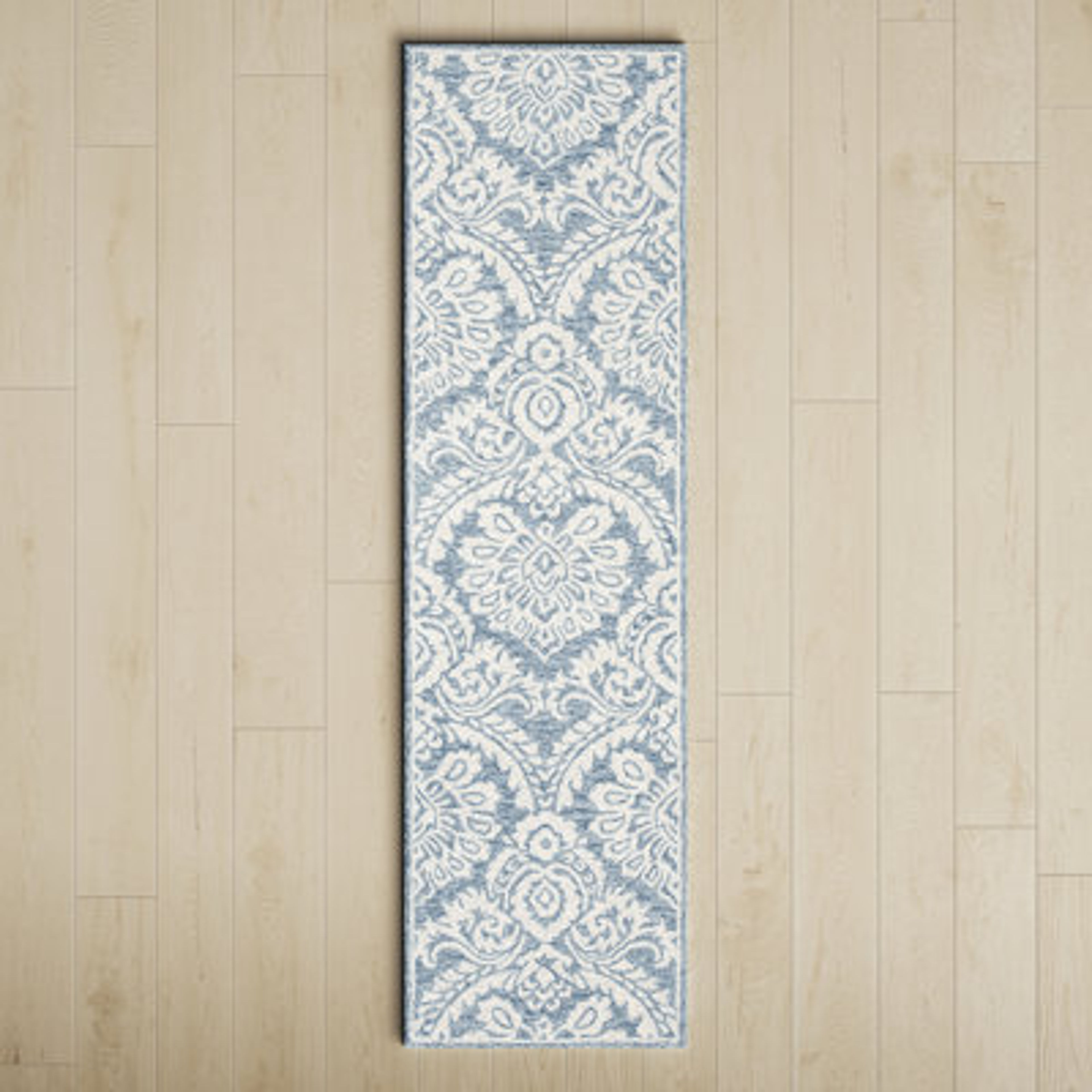 Tansy Handmade Wool Blue Ivory Runner Rug 2'3" x 12' Oriental