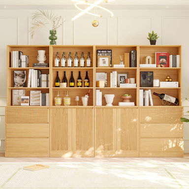 71" H X 94.5" W Bookcase Cabinet With Open Shelves & Large Storage Drawers (2B+2C)