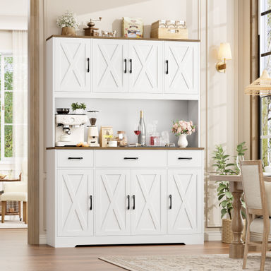 Frostia 70.9"H Kitchen Pantry With Charge Station, 55.1"W Farmhouse Style Pantry Cabinet with Microwave Shelf & Adjustable Shelves