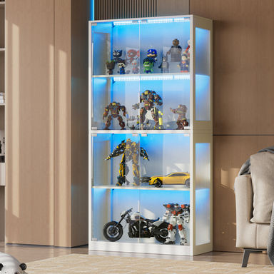 Display Cabinet With Glass Doors, 4-tier Curio Display Case, Collectibles Display Shelf With 12 Color Lights, Toy Bookshelf And Bookcase Cabinet For C