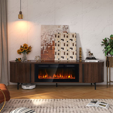 Luxury 70" Fluted Fireplace Tv Stand, Modern Entertainment Center For For Tvs Up To 80", Tv Console With Sliding Door And Faux Marble Top, Media Conso