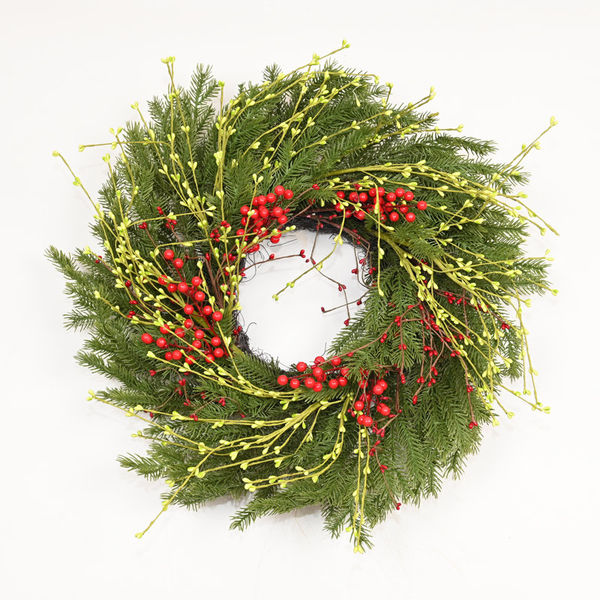 24" Artificial Farmhouse Twig Christmas Greenery Pine Needles Red Berries Winter Front Door Wreath
