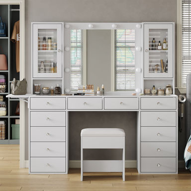 Latitude Run® Vanity With Power Outlet, Makeup Desk With Mirror And 10 LED Lights, Vanity Desk With 12 Drawers And 2 Cabinets, Vanity Set With Fold-Up Panel, Glass Top Vanity Table With Chair For Bedroom | Wayfair
