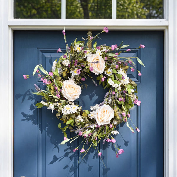 24" Artificial Farmhouse Blossoms Cluster Greenery Leaves Berry Spring Summer Peony Floral Wreath For Front Door Faux Flower Daisy Wedding Party Home