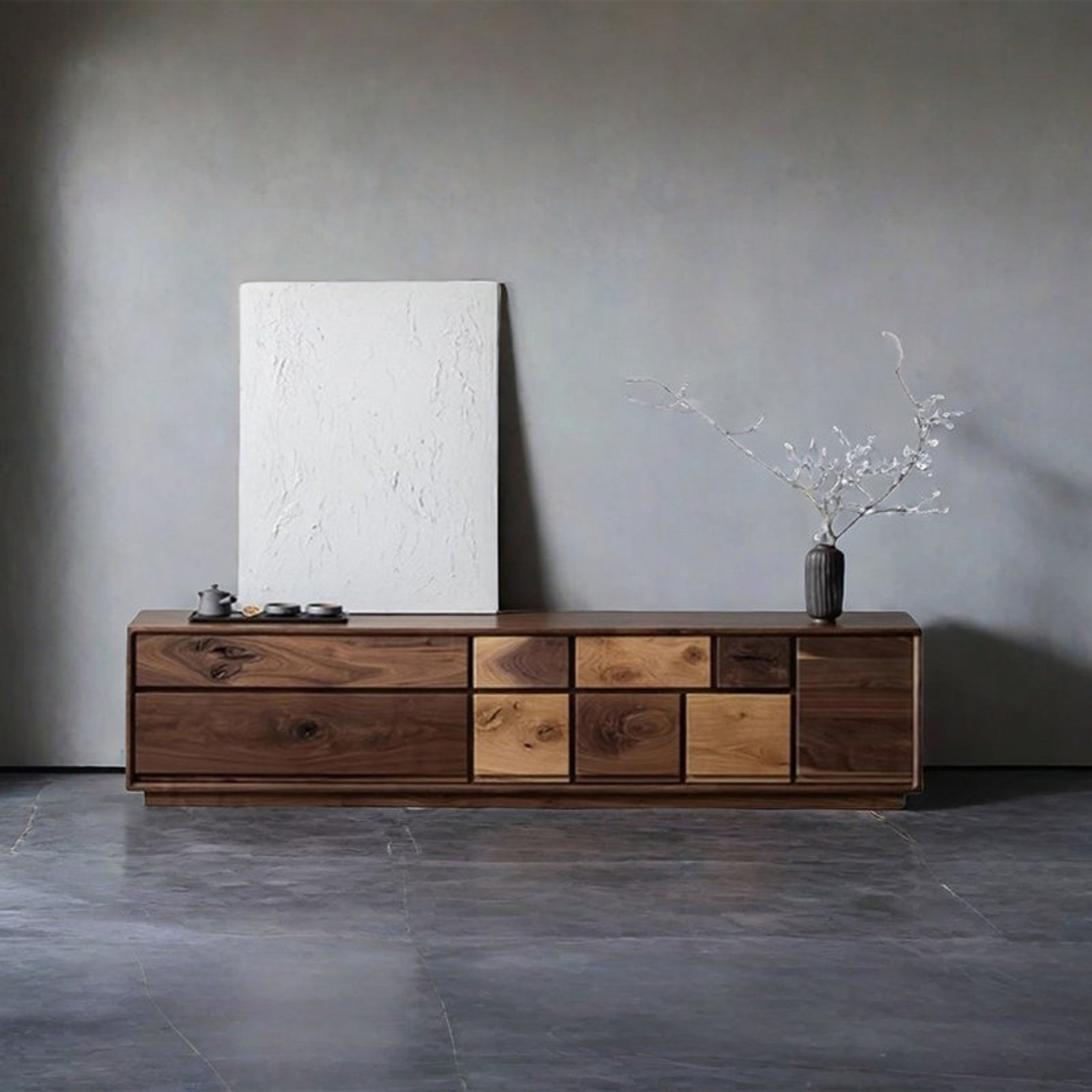 Modern Solid Wood TV Stand with Walnut Oak Drawers