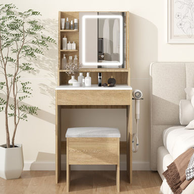 Vanity Desk With Mirror And Lights,White Makeup Vanity With Power Outlet And Storage Stool