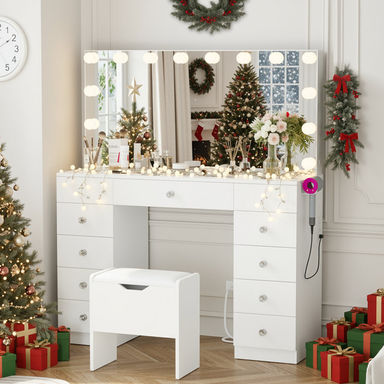 Greyden Vanity With 11 Drawers & Lighting Bulbs, Storage Stool & 10X Magnifying Mirror