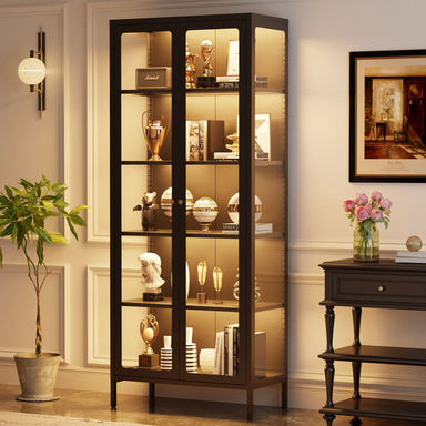 3-Sided Glass Dining Cabinet with Lights, Metal Display Stand