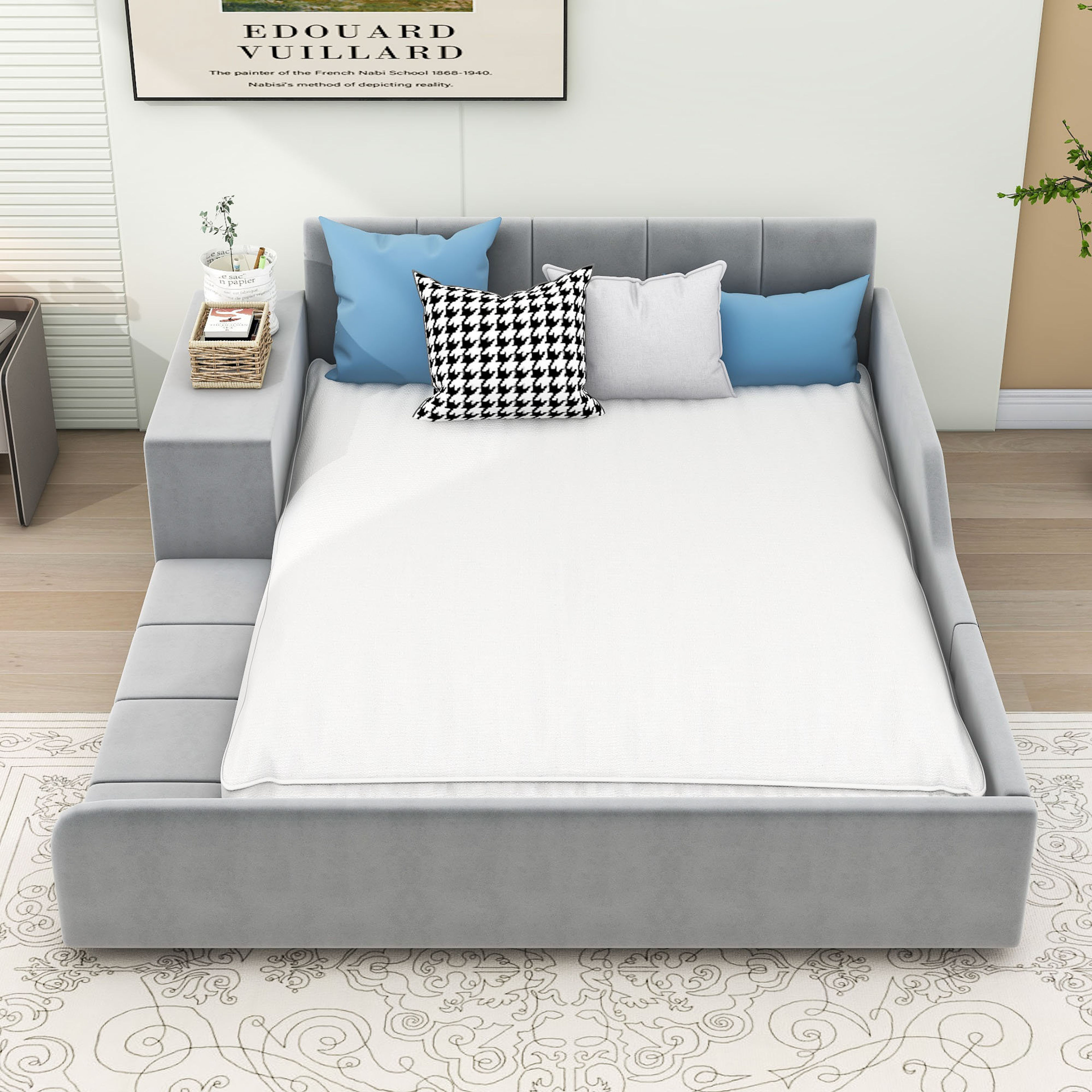 Wakeeny Velvet Platform Bed with Bedside Desk - Latitude Run
