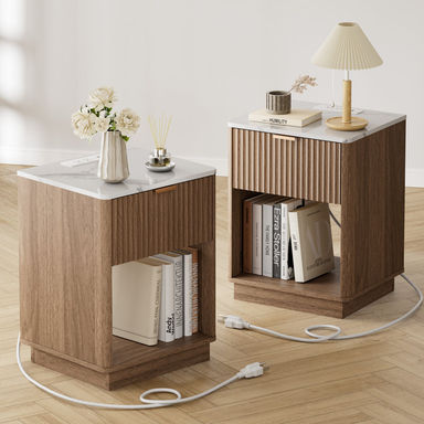 Schaitman 18''W 1-Drawer Nightstand with Open Cubby, Wood Nightstand with Built-In Outlets (Set of 2)