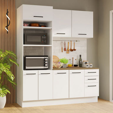 Hokku Designs Hazel 3-Piece Kitchen Storage Set with 3 Door Pantry Cabinet Wall Cabinet Base Cabinet with Drawers 74 Inch Wooden Modern Organization Units for Pantry - White