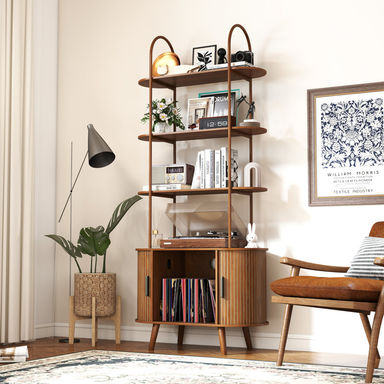 4-tier Bookcase, Freestanding Bookshelf With Storage Cabinet And Sliding Door