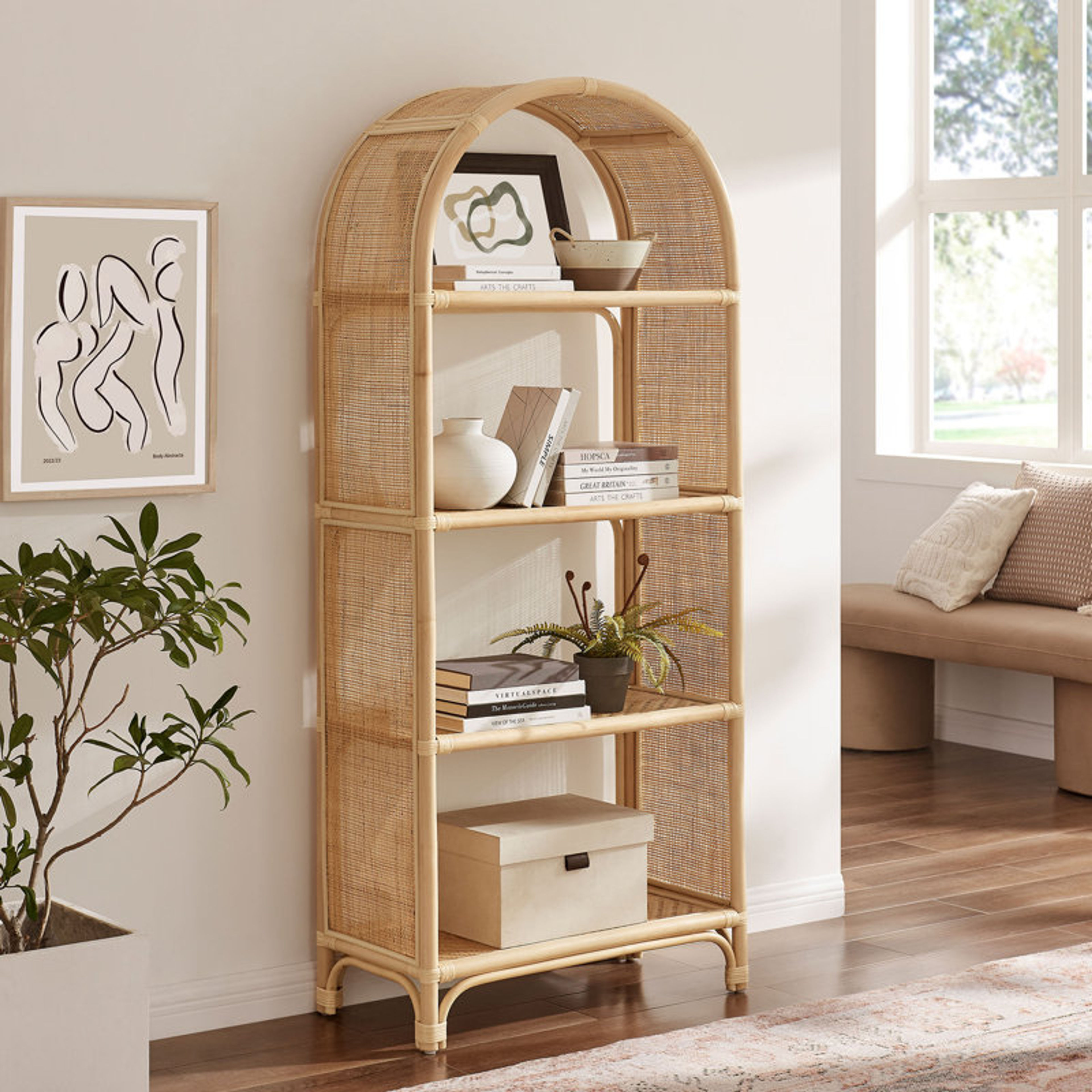 67" Arched Rattan Bookshelf - Celeste Natural Wood Bookcase