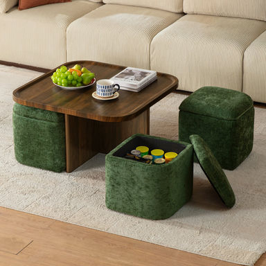 Coffee Table With 4seat Storage, Mid-century Modern Coffee Tables With 4 Chenille Ottomans , Center Table