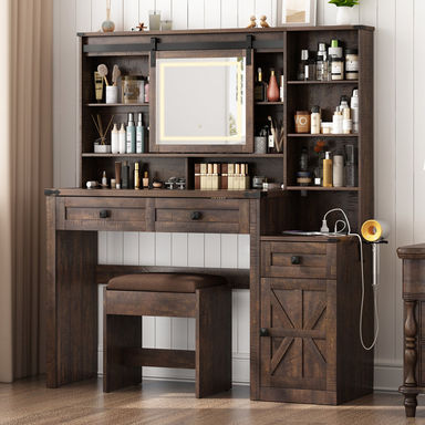 Barn Door Makeup Vanity Set With Lighted Mirror, Glass Top, And Socket
