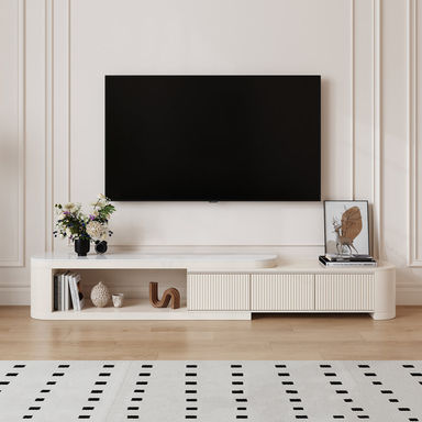 Modern 70.86"–122" Extendable Solid Wood TV Stand – White Media Console with Faux Marble Top, 3 Drawers, No Assembly Required