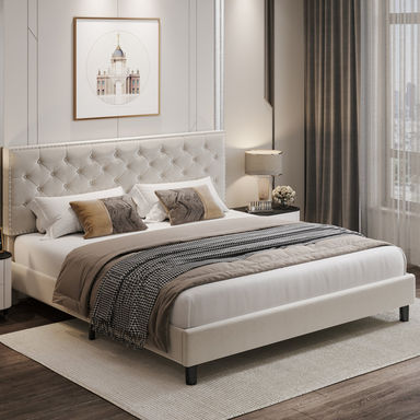 Emanuell Velvet Tufted Upholstered Platform Bed, Wood Beds Frame With Adjustable Headboard