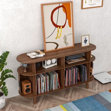 Large Record Player Stand, Mid-century Turntable Stand With Sliding Doors, Vinyl Display Stand For Bedroom Living Room